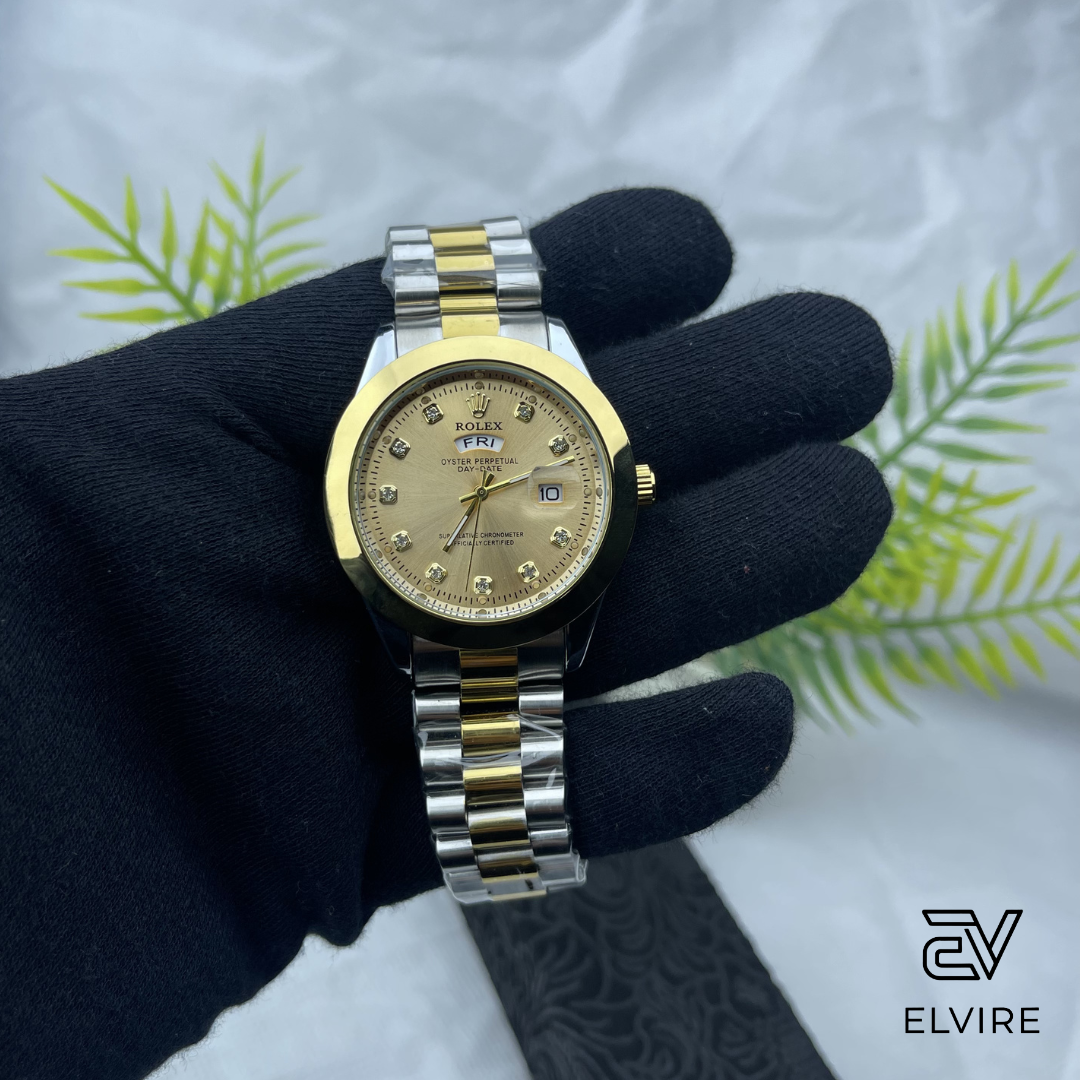 Elegant Rolex AAA Quality Watch For Men - Gold Dial With Gold & Silver Two Tune Stainless Steel Strap by Elvire